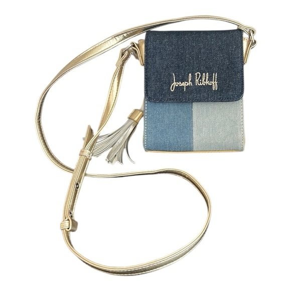 JOSEPH RIBKOFF Patchwork Denim & Metallic Gold Tassel Mini Crossbody Purse - Picture 1 of 15